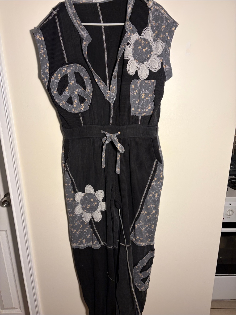 POL Black Jumpsuit with Gray Floral & Lace Patch Details
